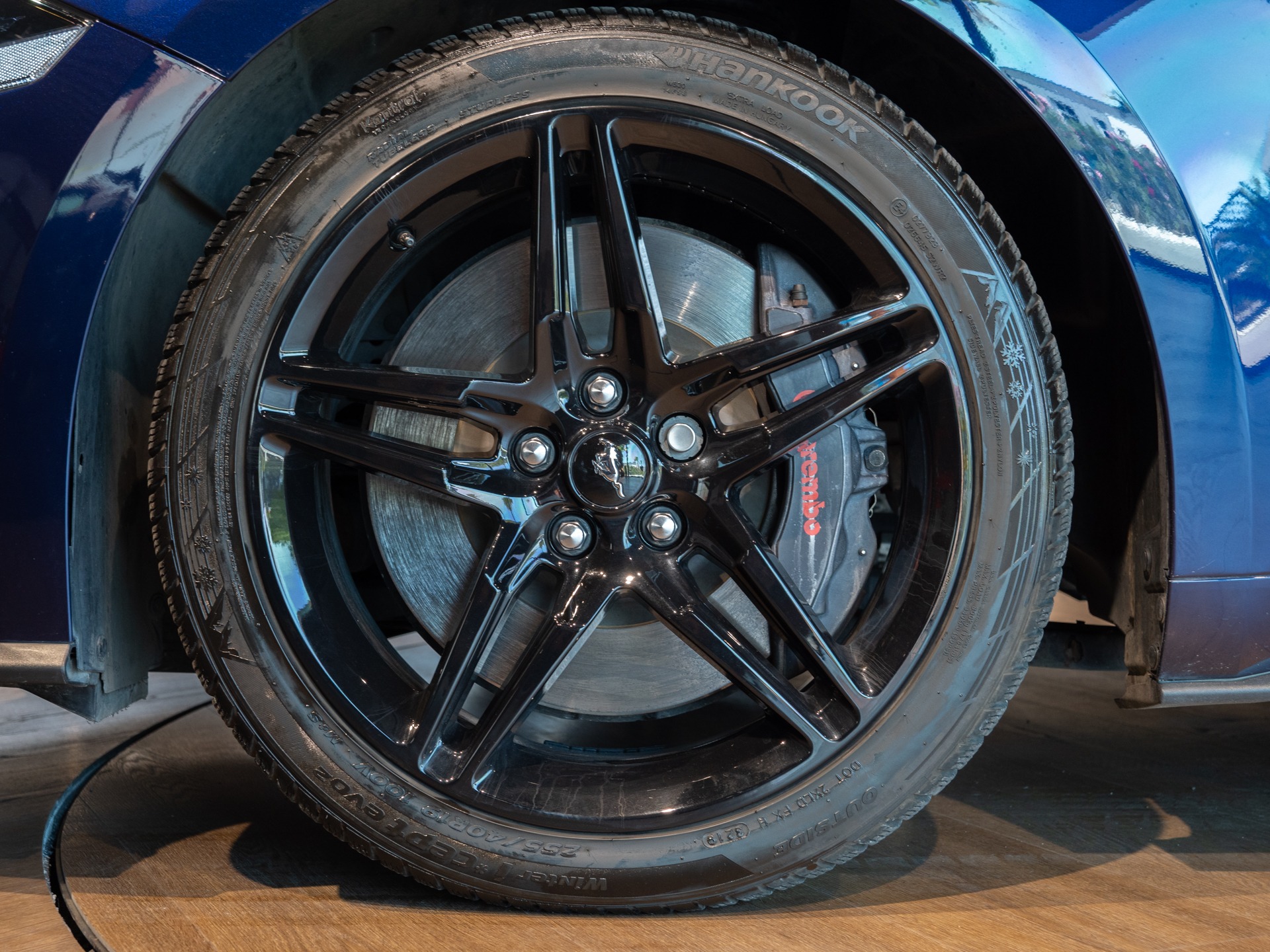 Jantes en alliage noir brillant – PORSCHE – Ford Mustang V8 – 2019 – Bleu Kona – 48 900 km – 450 ch – V8 Atmo – Transmission : Manuelle – Origine France – Privaty Cars – Achat et vente de véhicules PORSCHE d’occasion dans l’Ouest de la France